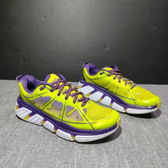 HOKA Infinite Womens Size 9.5 Neon Yellow Purple Athletic Running Shoes 1009649 - Picture 1 of 13